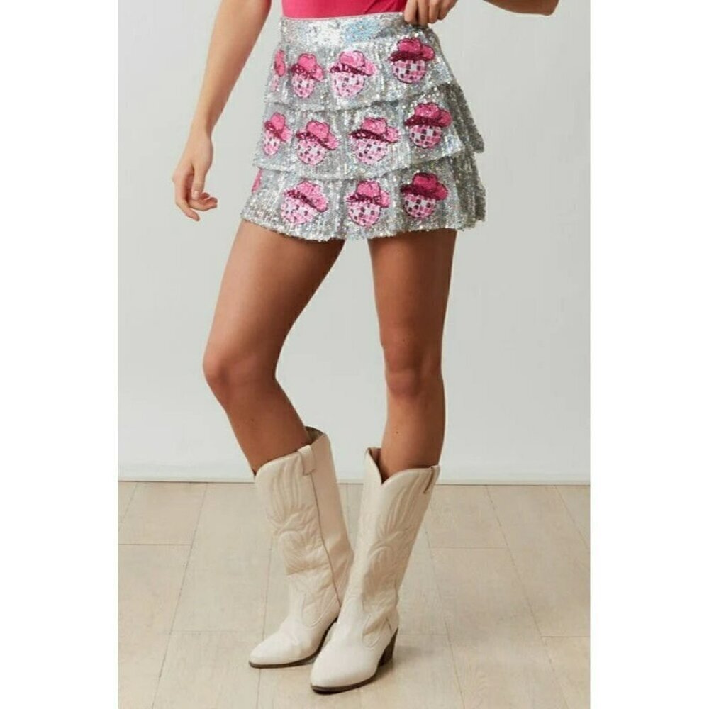 Disco Cowgirl Disco Ball and Hat Patch Sequin Mini Skirt - Picture 3 of 10